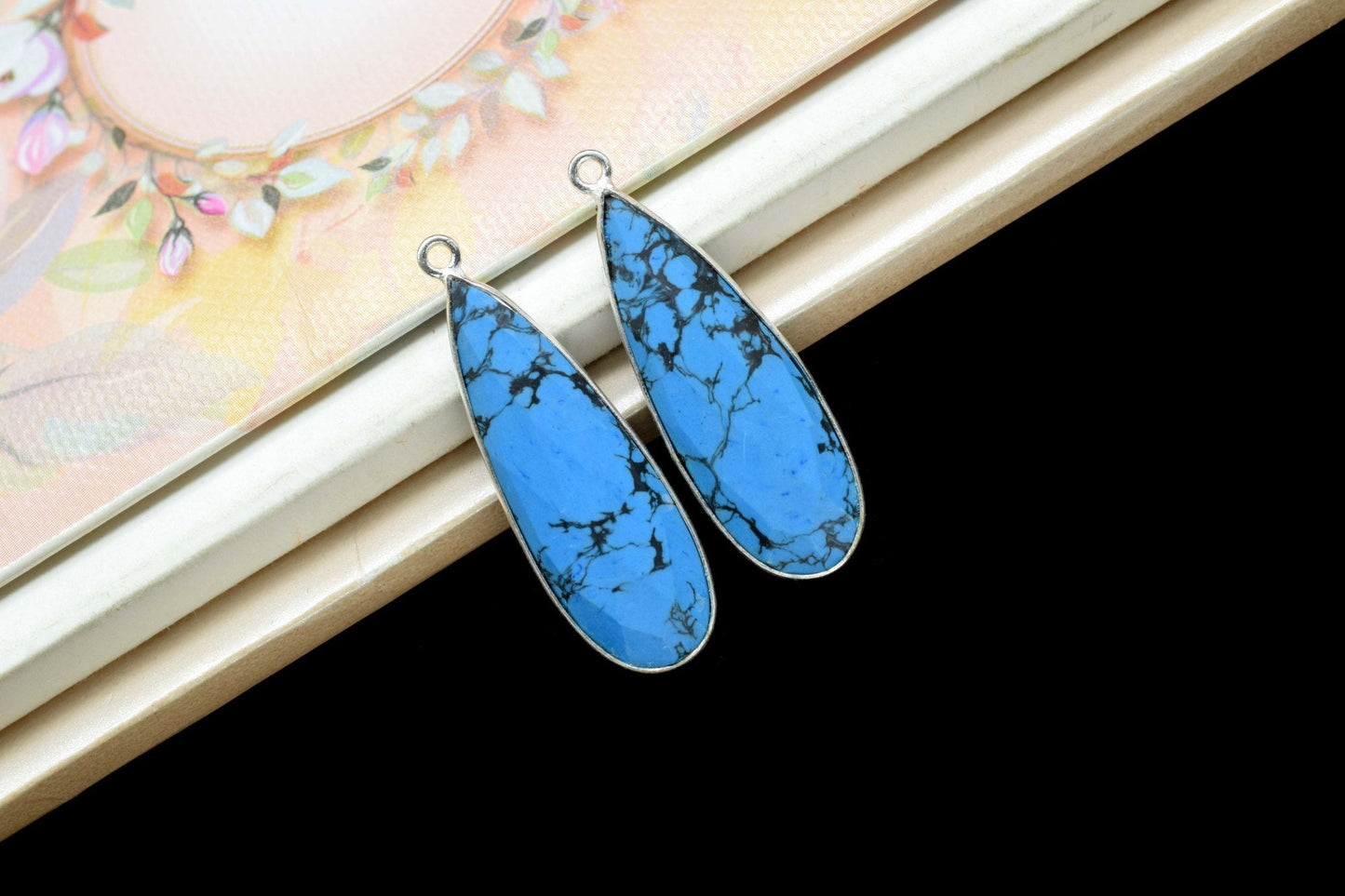 Copper Turquoise 10x30mm Teardrop Charm,Copper Turquoise Faceted Silver Plating Gemstone Charms,Turquoise Gemstone Single Bail Pendant,Gift