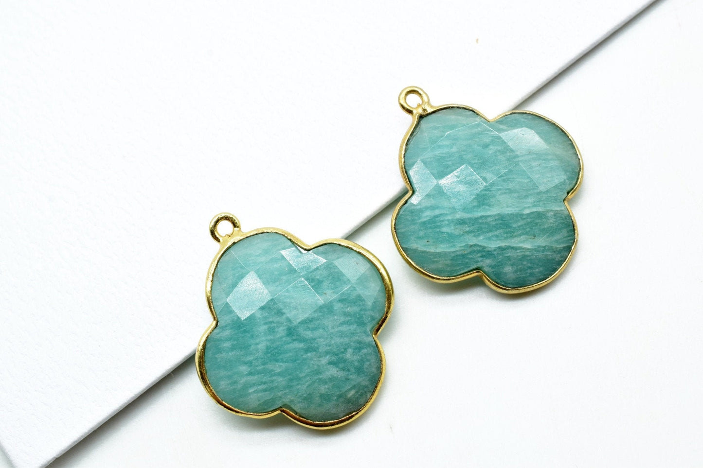 Amazonite 20mm Clover Shape Connector,Gold Plated Single Bail Gemstone Connector,Faceted Clover Shape Gemstone Bezel,Clover Charm Pendants