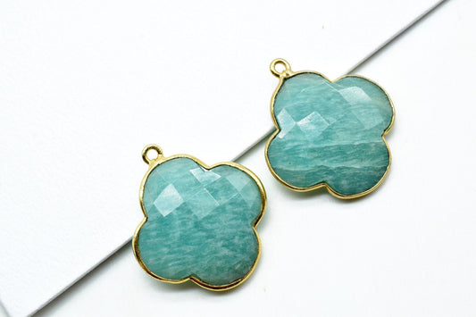 Amazonite 20mm Clover Shape Connector,Gold Plated Single Bail Gemstone Connector,Faceted Clover Shape Gemstone Bezel,Clover Charm Pendants