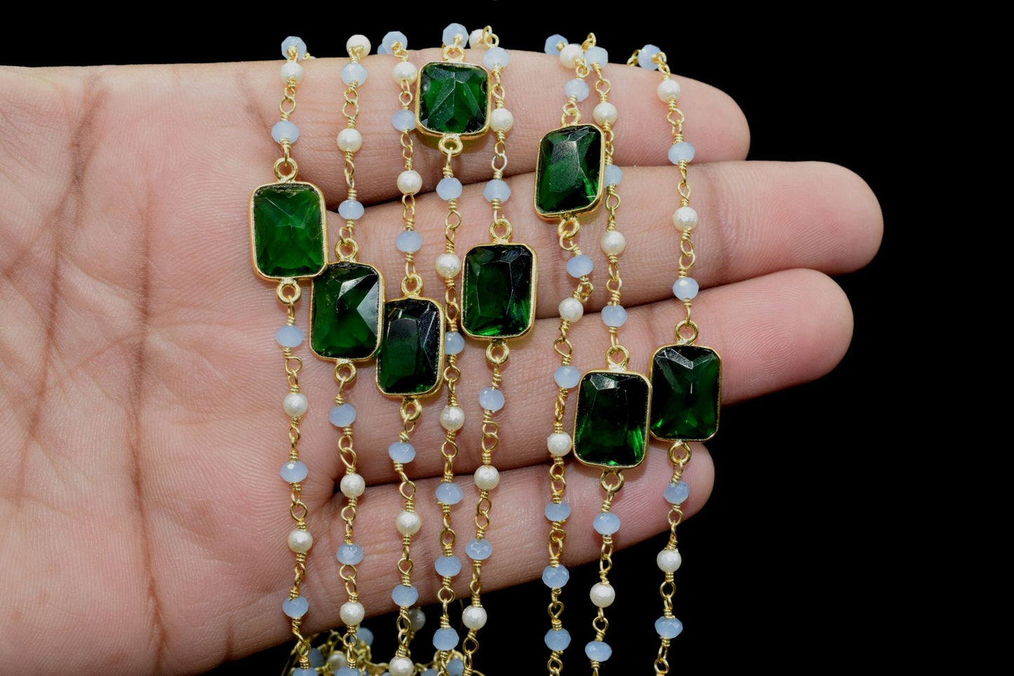 Blue Chalcedony Rosary,Emerald Quartz Bezel Link Chain,Pearl Beaded Rosary Chain,Gemstone Bezel Chain,Gold Plated Rosary Chain,Beaded Chain
