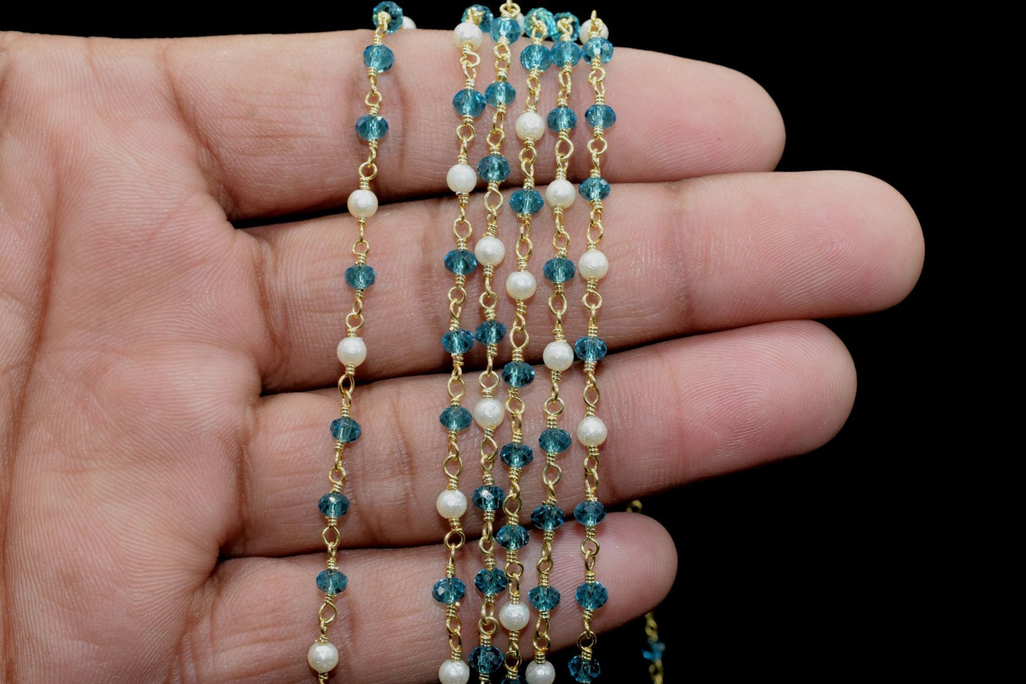 Blue Apatite Rosary Chain,Pearl Rosary Chain,jewelry making Rosary,Wire Wrapping Gemstone Chain,wire wrapped rosary chain,3mm Beaded rosary