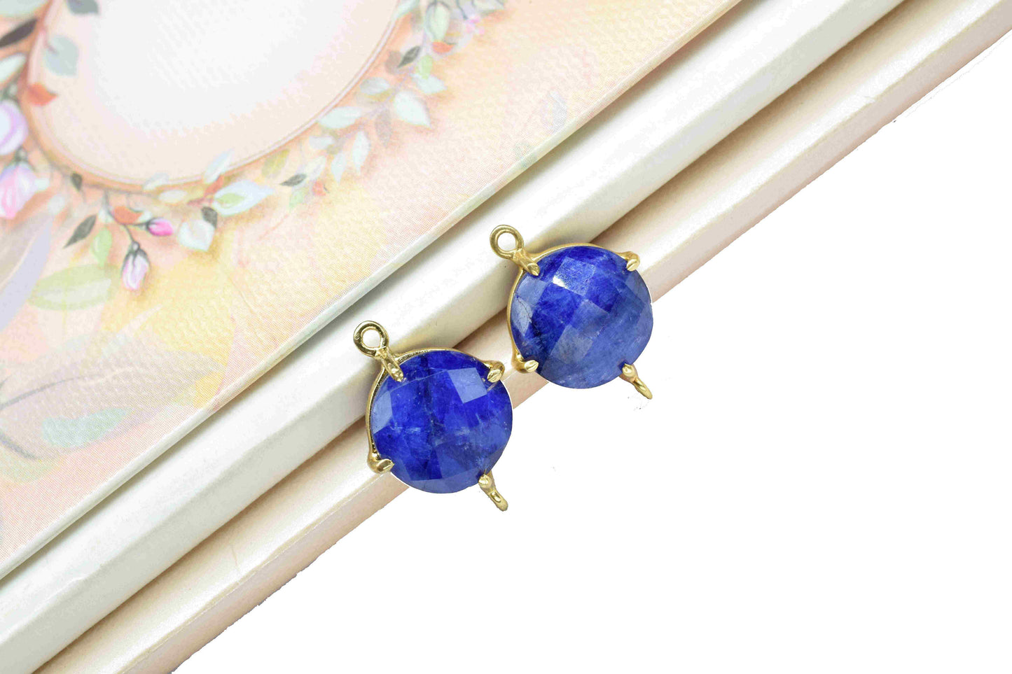 Blue Sapphire Round Connector,Charm for bracelet necklace Jewelry Making,Handmade Gemstone Bezel,Beads Prong Jewelry,double bail connector