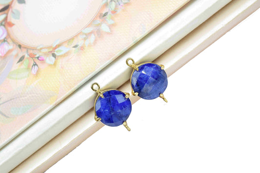 Blue Sapphire Round Connector,Charm for bracelet necklace Jewelry Making,Handmade Gemstone Bezel,Beads Prong Jewelry,double bail connector