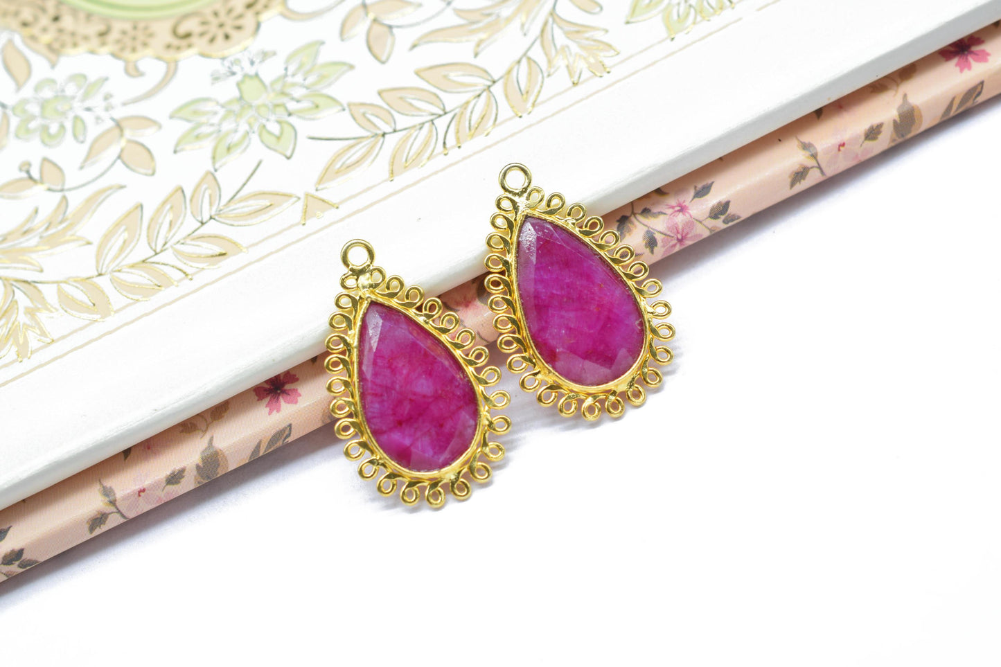 Natural Ruby 12x20mm Teardrop Bezel Charms,Gemstone Brass Component,Wholesale Jewelry,Single Bail Pendant,Handmade Jewellery Connectors,Gift