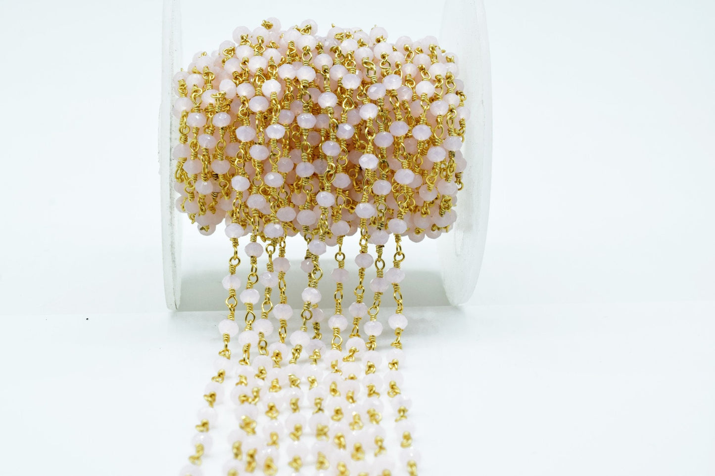 Rose Quartz 3mm Beaded Chain,Pink chalcedony Wire Wrapped Chain,Rose quartz Brass chains,Jewelry Making Chain,Rose Quartz Beads rosary chain