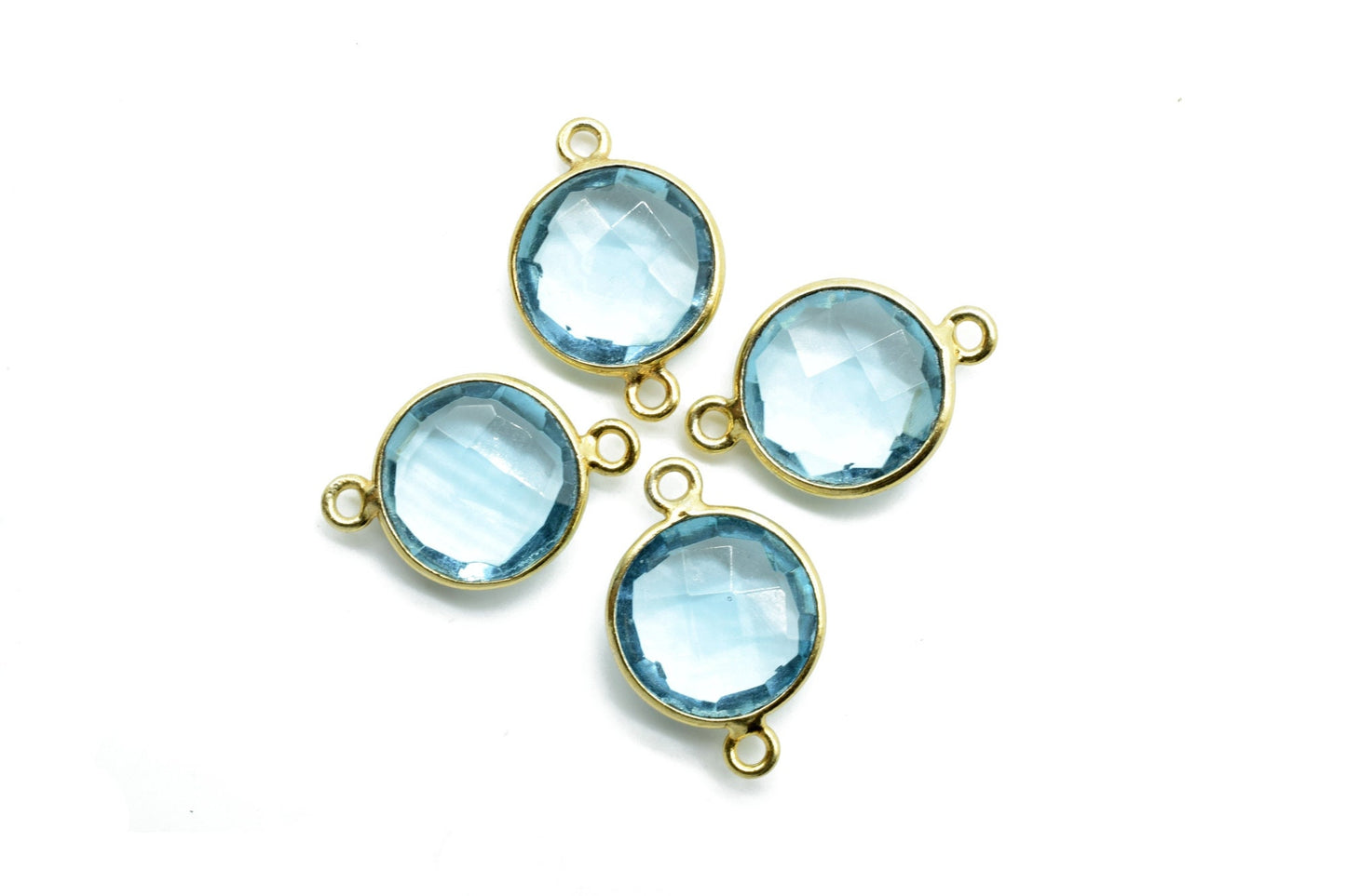 Sky Topaz 12mm Round Double loop connectors,Brass Gold Plated bezel,Sky Topaz Pendant,Sky Topaz double bail connectors,Topaz Round connector