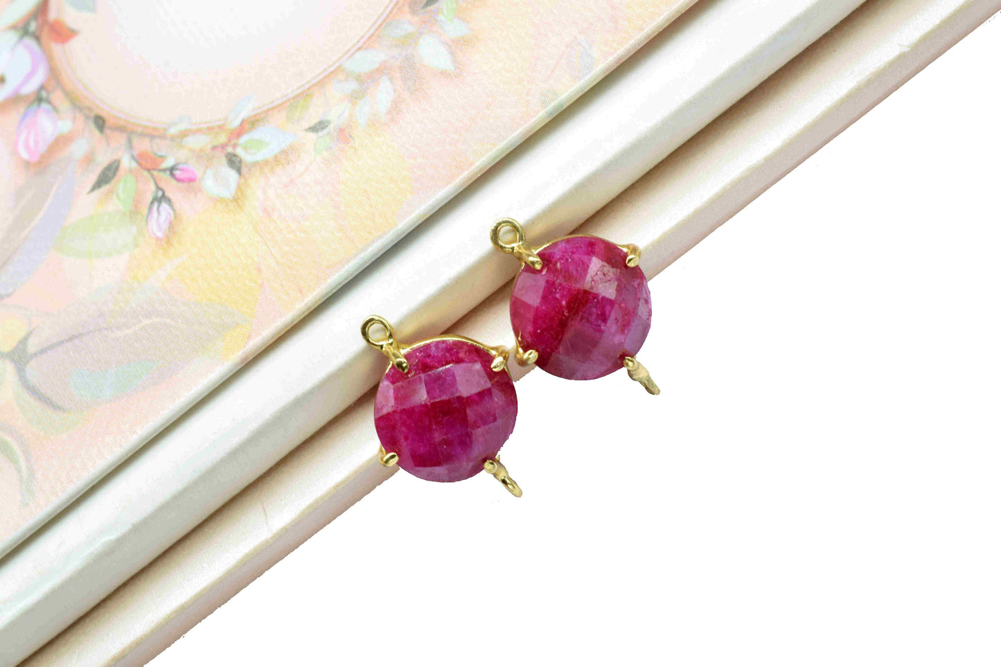 Natural Ruby Round Connector,double bail connector,Natural Ruby Beads jewelry,Handmade Charm,Red Gemstone Bezel,Ruby Prong Bezel Charm,Gift