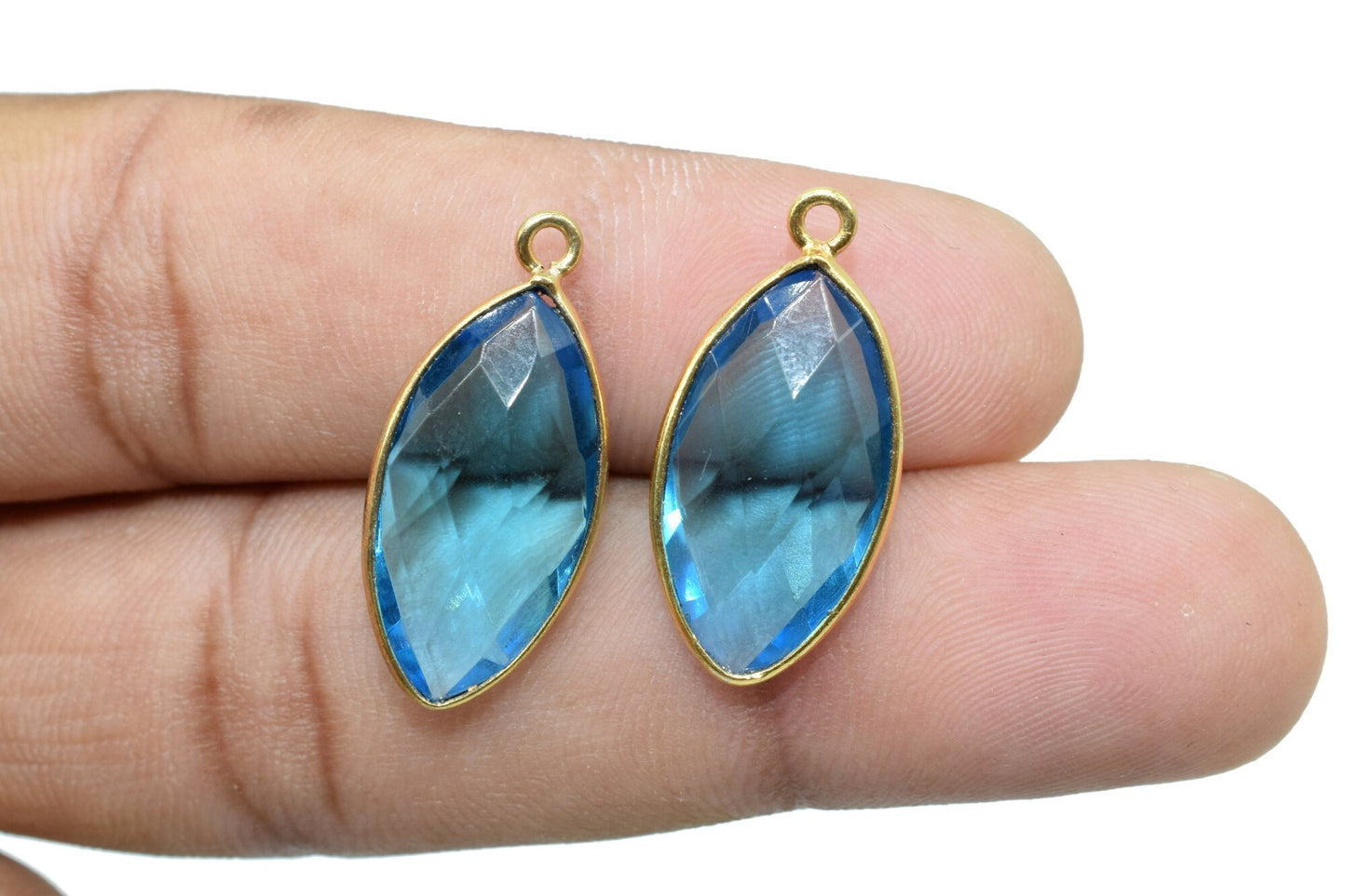 London Blue Topaz 10x20mm Marquise shape charm,Brass Gold Plated bezel,Blue Topaz Faceted Briolette Connector,Topaz Bezel Pendant,Blue Topaz