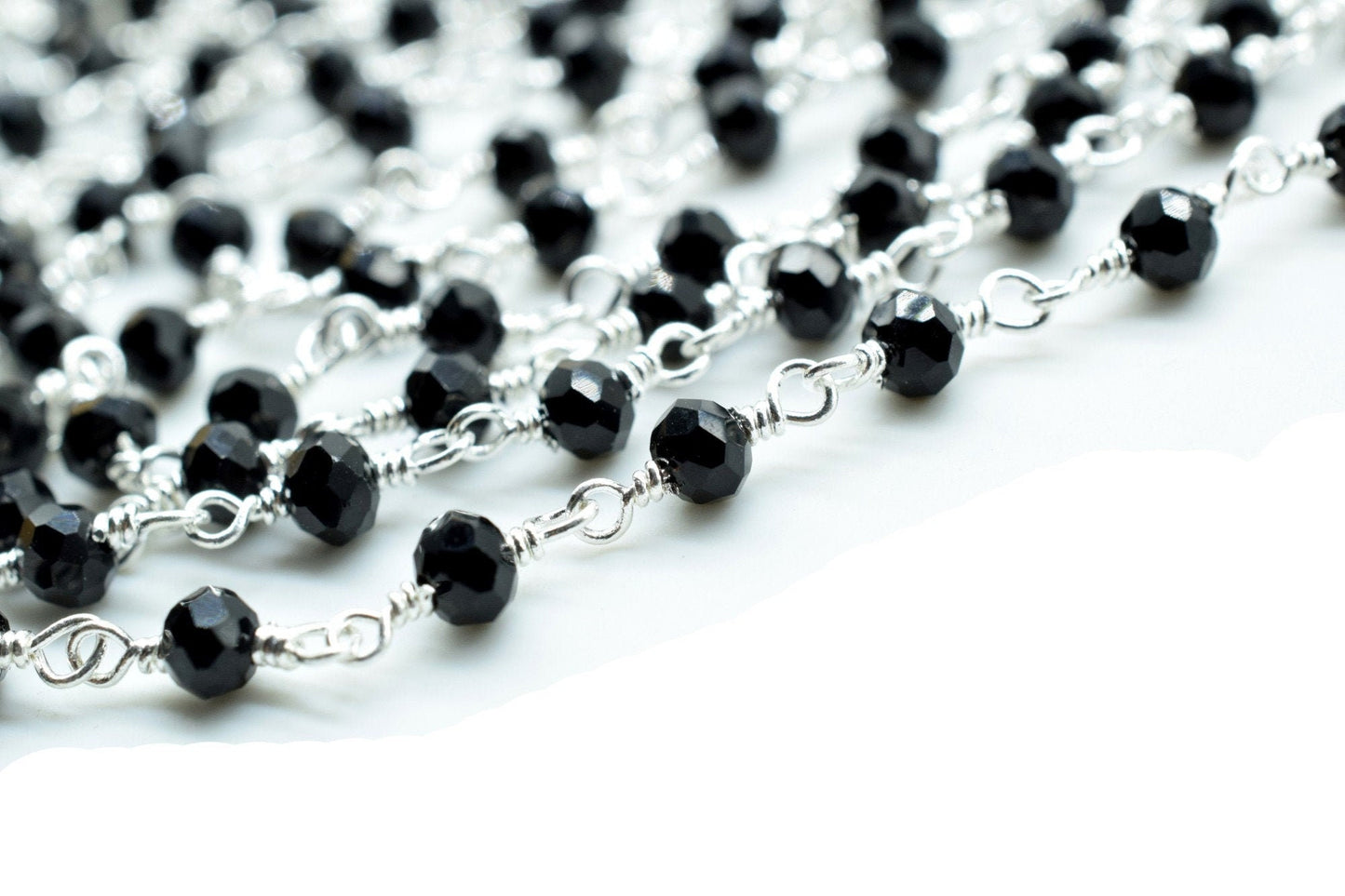 3-3.5 mm Black Onyx Silver Plated Rosary Chain,Black Onyx Faceted Beaded Chain,Wire Wrapped Silver Plated Chain,Black Onyx Bulk Rosary Roll