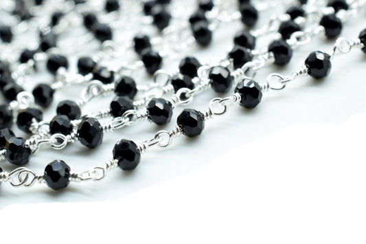3-3.5 mm Black Onyx Silver Plated Rosary Chain,Black Onyx Faceted Beaded Chain,Wire Wrapped Silver Plated Chain,Black Onyx Bulk Rosary Roll