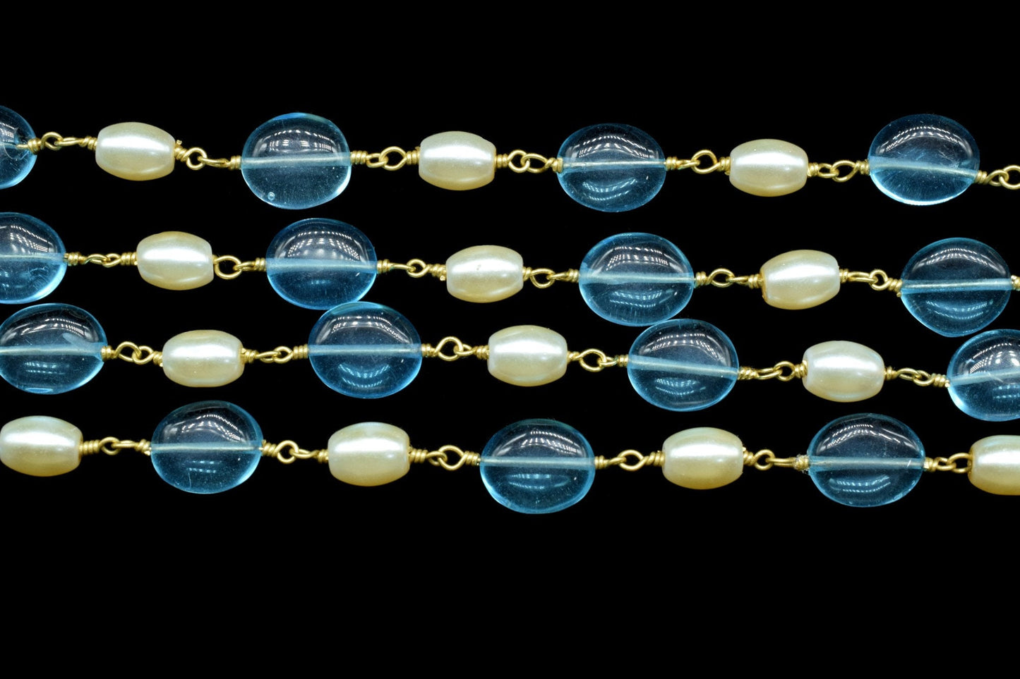 White Pearl and Sky Topaz Rosary Chain,Jewelry Making Beaded Chain By Foot,Pearl and Sky Topaz Rosary Oval Shape Beads,Wire Wrap Rosary