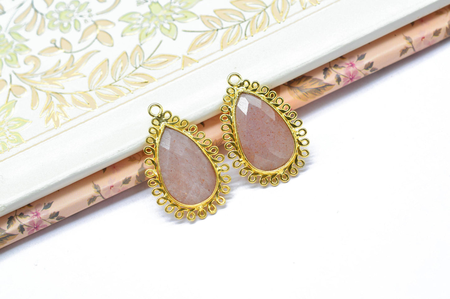 Peach Moonstone 12x20mm Teardrop Bezel Charms,Gemstone Brass Component,Wholesale Jewelry,Single Bail Pendant,Handmade Jewellery Connectors