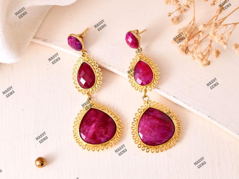 Natural Ruby Dangle Earring/Ruby Heart Shape Earring/Gold Plated Earring/Bridal Jewelry/Statement Earrings/Women Jewelry/Bridesmaids Earring