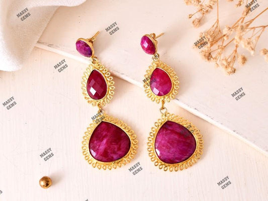 Natural Ruby Dangle Earring/Ruby Heart Shape Earring/Gold Plated Earring/Bridal Jewelry/Statement Earrings/Women Jewelry/Bridesmaids Earring