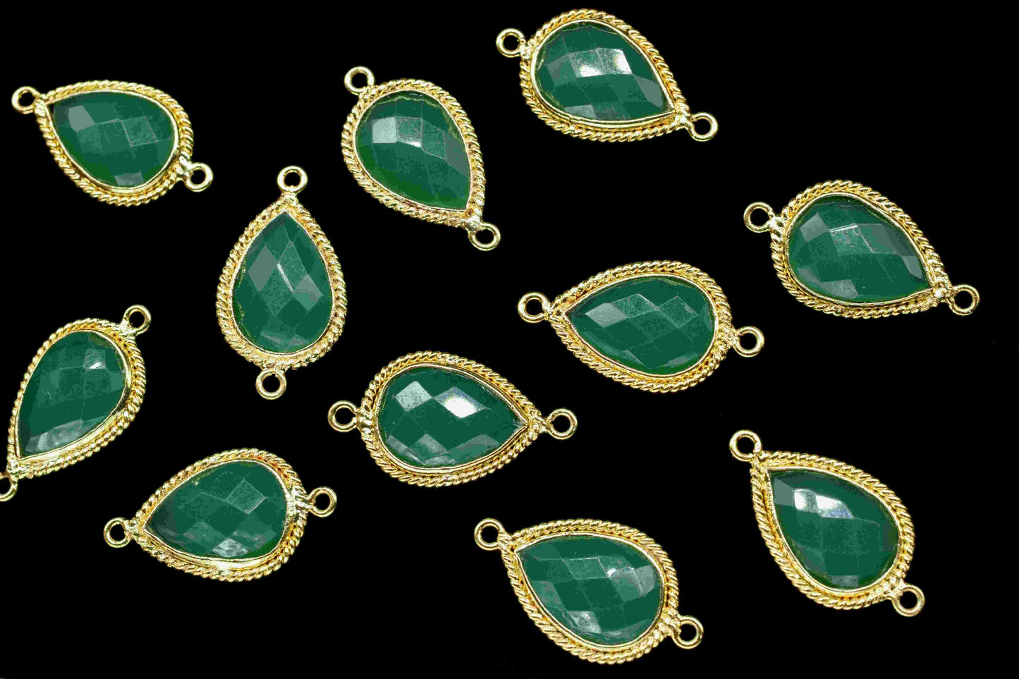 Green Onyx 9x13mm Teardrop Shape charm,Gold Plated bezel,double Bail connector,Onyx Jewelry,May Birthstone Coin Links,Handmade Bezel Charms