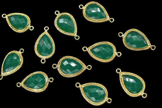 Green Onyx 9x13mm Teardrop Shape charm,Gold Plated bezel,double Bail connector,Onyx Jewelry,May Birthstone Coin Links,Handmade Bezel Charms