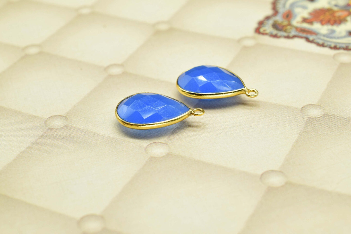 Blue Chalcedony 12x16mm Pear shape charm,blue Chalcedony Gold Plated Connector Jewelry,Blue Chalcedony Single Bail Connector,Blue Charm Gift