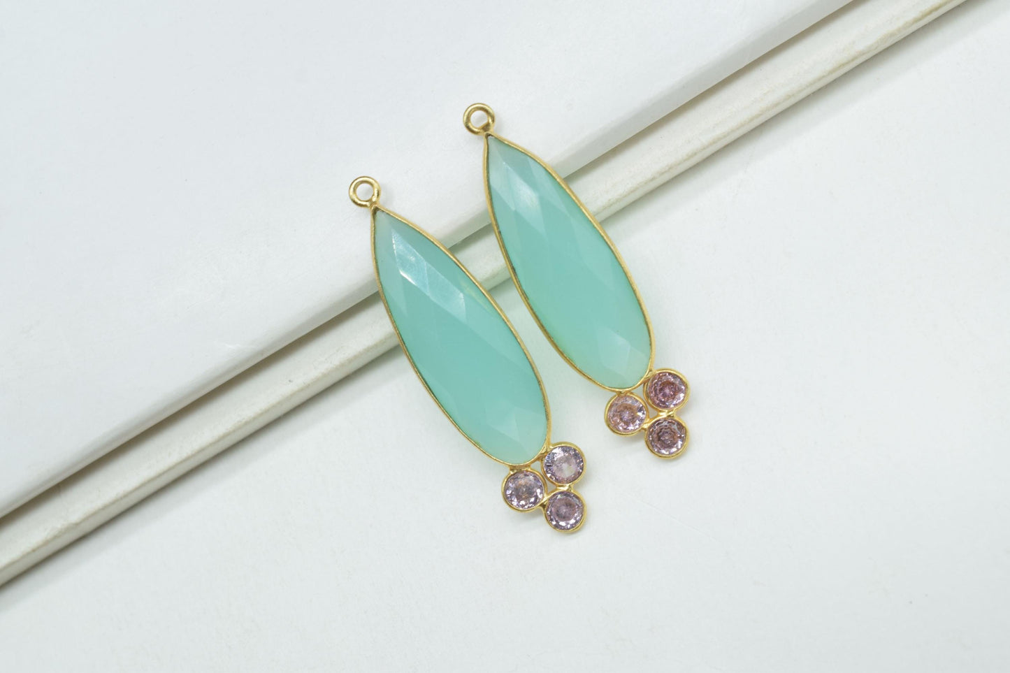 Aqua Chalcedony 10x30mm Pear shape Bezel charms,Aqua Chalcedony Pendant,Aqua Gemstone connector,Aqua Jewelry,Cubic zirconia Bezel charm,P121