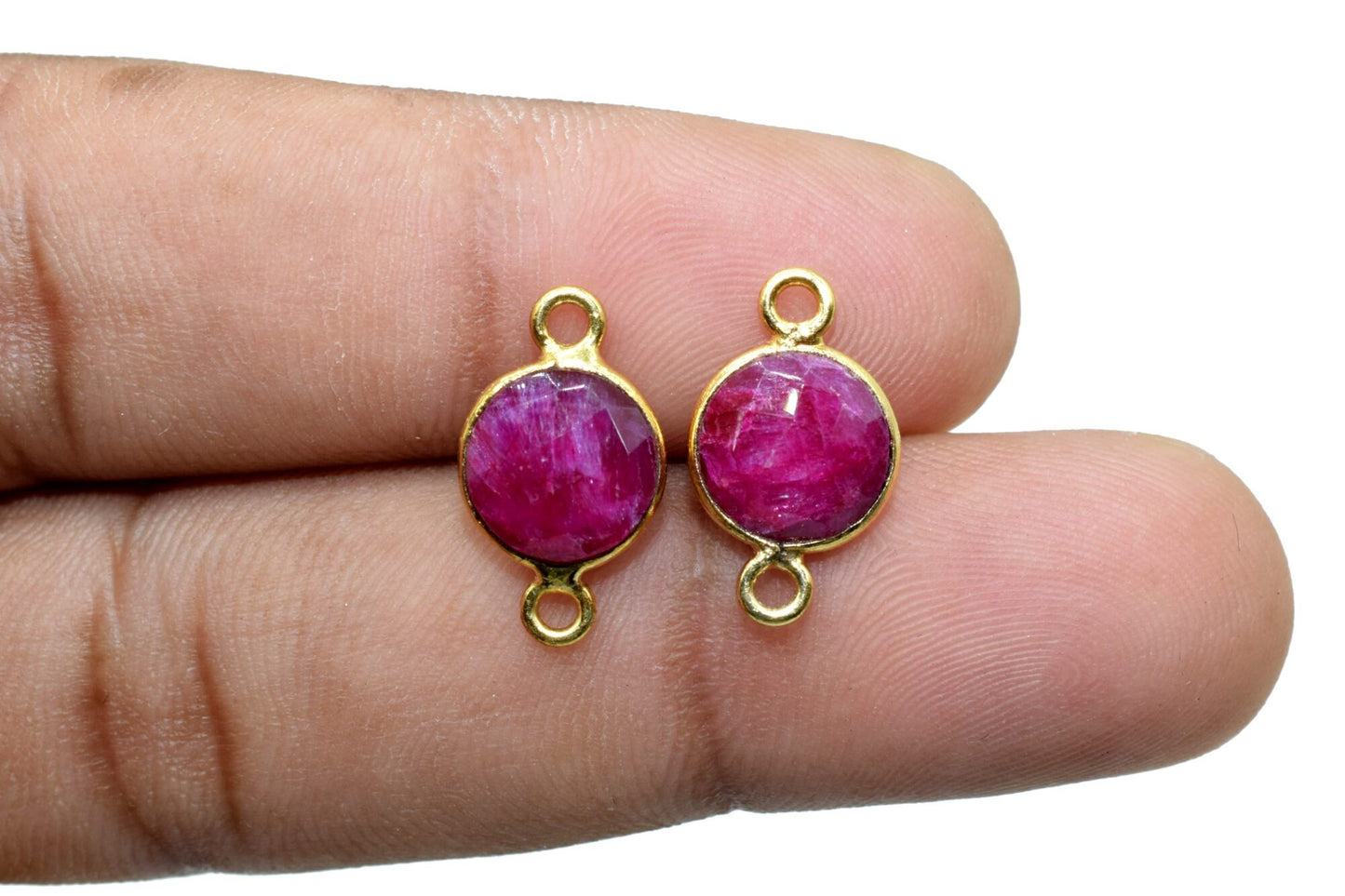 Natural Ruby 8mm round double loop connectors,Ruby Pendant,Ruby Round Gold Plated bezel,Bezel,Ruby jewelry making charm,Ruby Brass connector