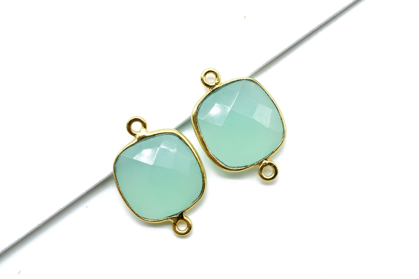 Aqua Chalcedony 14mm Cushion double loop connectors,Aqua Chalcedony Bezel Findings Cushion Charms,Cushion Shape Gold Plated Connectors,