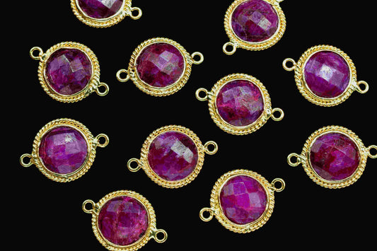 Ruby 10mm Round Shape Double Bail Connectors,Ruby Round Gold Plating Bezels,Ruby Double Loop connector,Ruby jewelry making charm,Ruby Charms