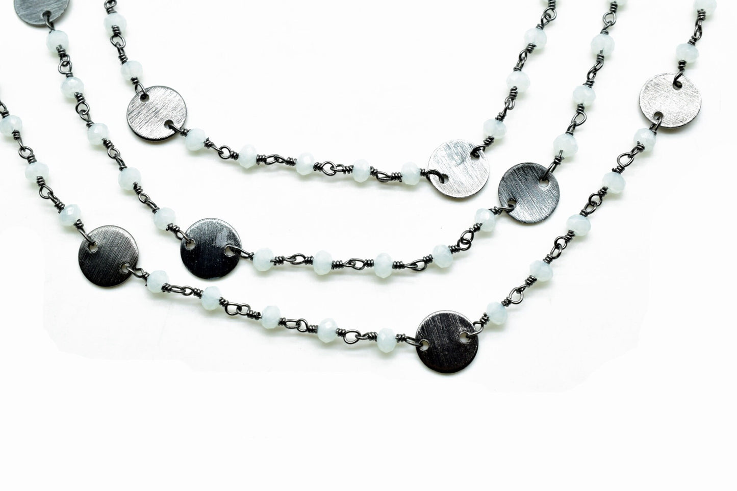 Aqua Chalcedony 3-3.5mm Rondelle Faceted circle Charm,24K Gold Plated Rosary Chain,Chalcedony Beaded Chain,Beaded Gold Plated Wire Wrapped