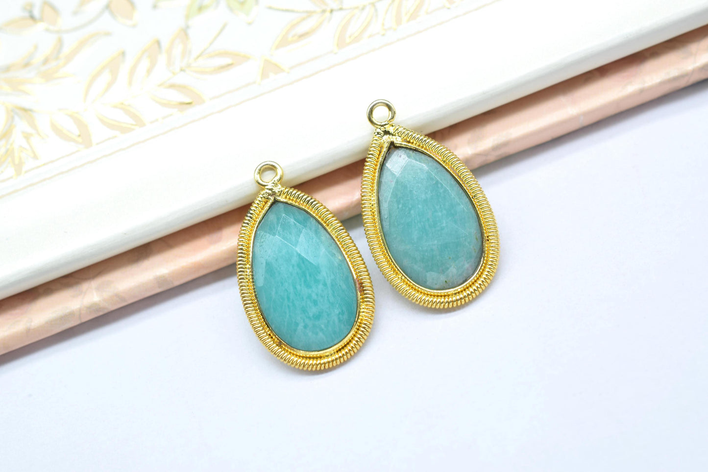 Amazonite 12X20mmmm Bezel Charms,Gemstone Bezels,Boho Pendant Charms,Single Bail Pendant,Handmade Brass Pendant,Bezel Connectors,B'day Gift