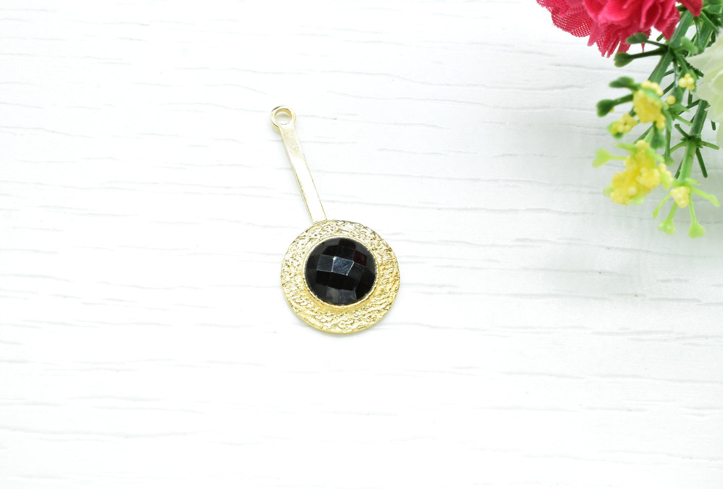 Black Onyx Pendant , Black Onyx Gemstone Handmade Pendant ,Single Bail Checker Cut Gemstone Connector, Gold Plated Connectors