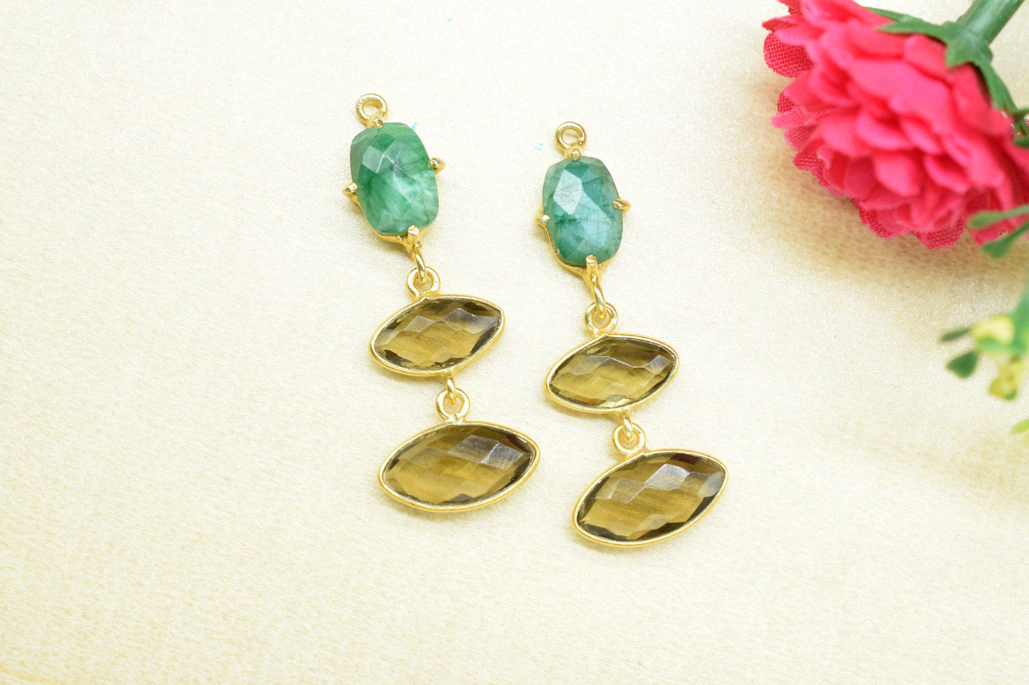 Emerald Bezel Charm Connector/Station Bezel Link Pendant/Prong Bezel Jewelry/Connector/Handmade Jewelry/Smoky Quartz Pendant/B'day Gift