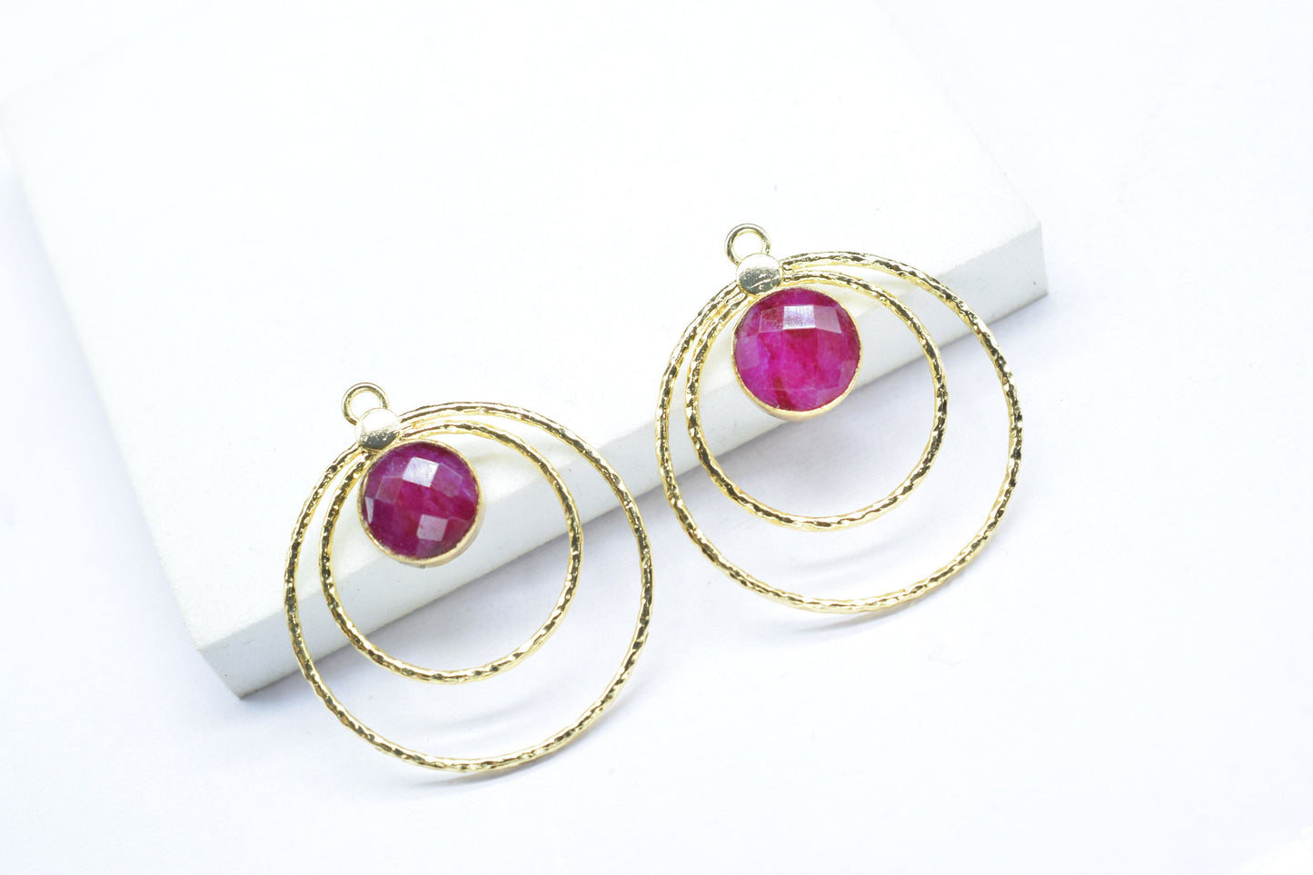 Natural Ruby Round Faceted Bezel Connector,Ruby Single Bail Bezel Connector,Brass Textured Jewelry,Ruby Gemstone Pendant,Handmade Jewellery,