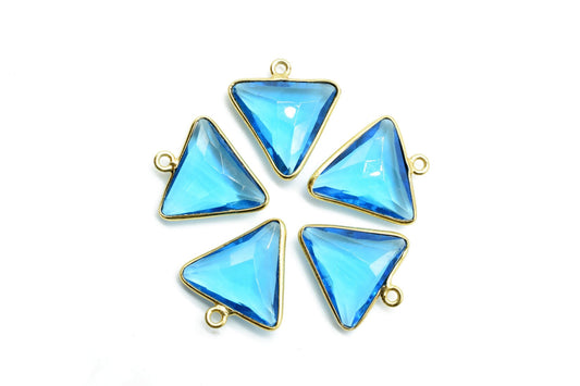 London Blue Topaz 15x18mm Trillion shape charm,Brass Gold Plated bezel,Blue Topaz Faceted Briolette Connector,Topaz Bezel Pendant,Blue Topaz