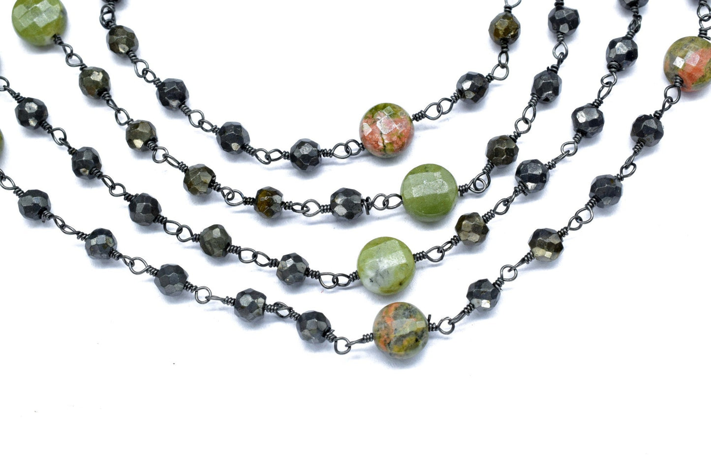 Natural Pyrite Rosary Chain, 3.5mm-4mm Faceted Beads, Black Plated Wire Wrapped Chain,Faceted Pyrite Bead,Gunmetal Plated Rosary,Chains,