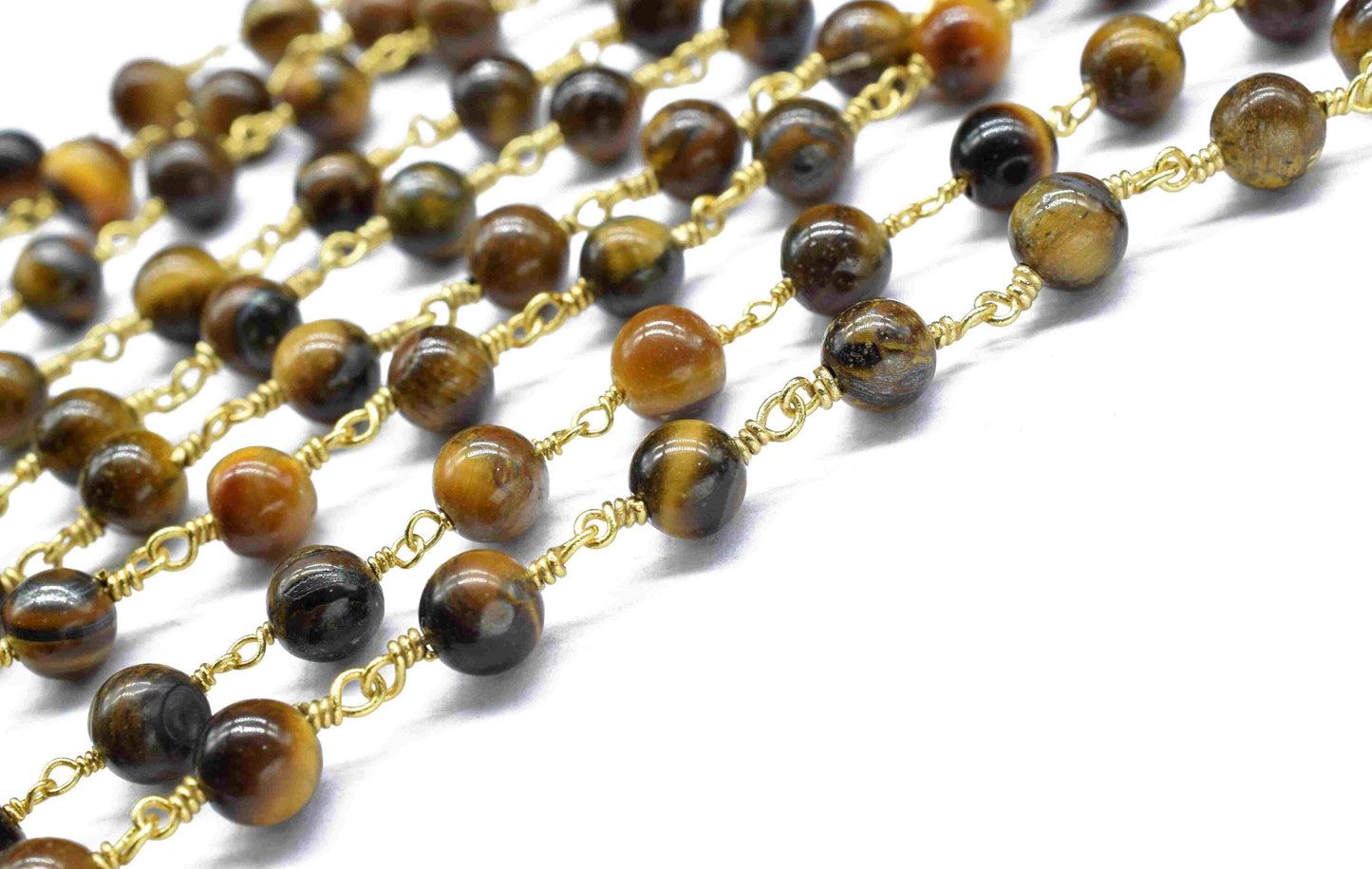 Tiger Eye Gemstone Beads Rosary,Gemstone Craft Supply Rosary,Handmade Bead Chain,Tiger Eye Gold Plating 6mm Wire Wrapped Smooth Beads Chain