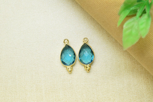 Blue Topaz Quartz 10x14mm Teardrop Shape Pendant Jewelry,Blue Topaz Gold Plated Single Bail Connector jewelry,Topaz Gemstone Teardrop Charms