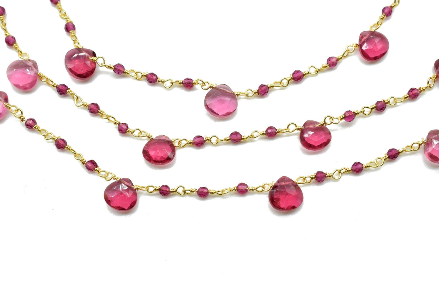Pink Tourmaline 2mm Beaded & Heart shape Chain,Beaded Wire Wrapped Fuchsia Diamond Cut Gemstone Beads,Faceted Rosary Chain,Gems Rosary Style
