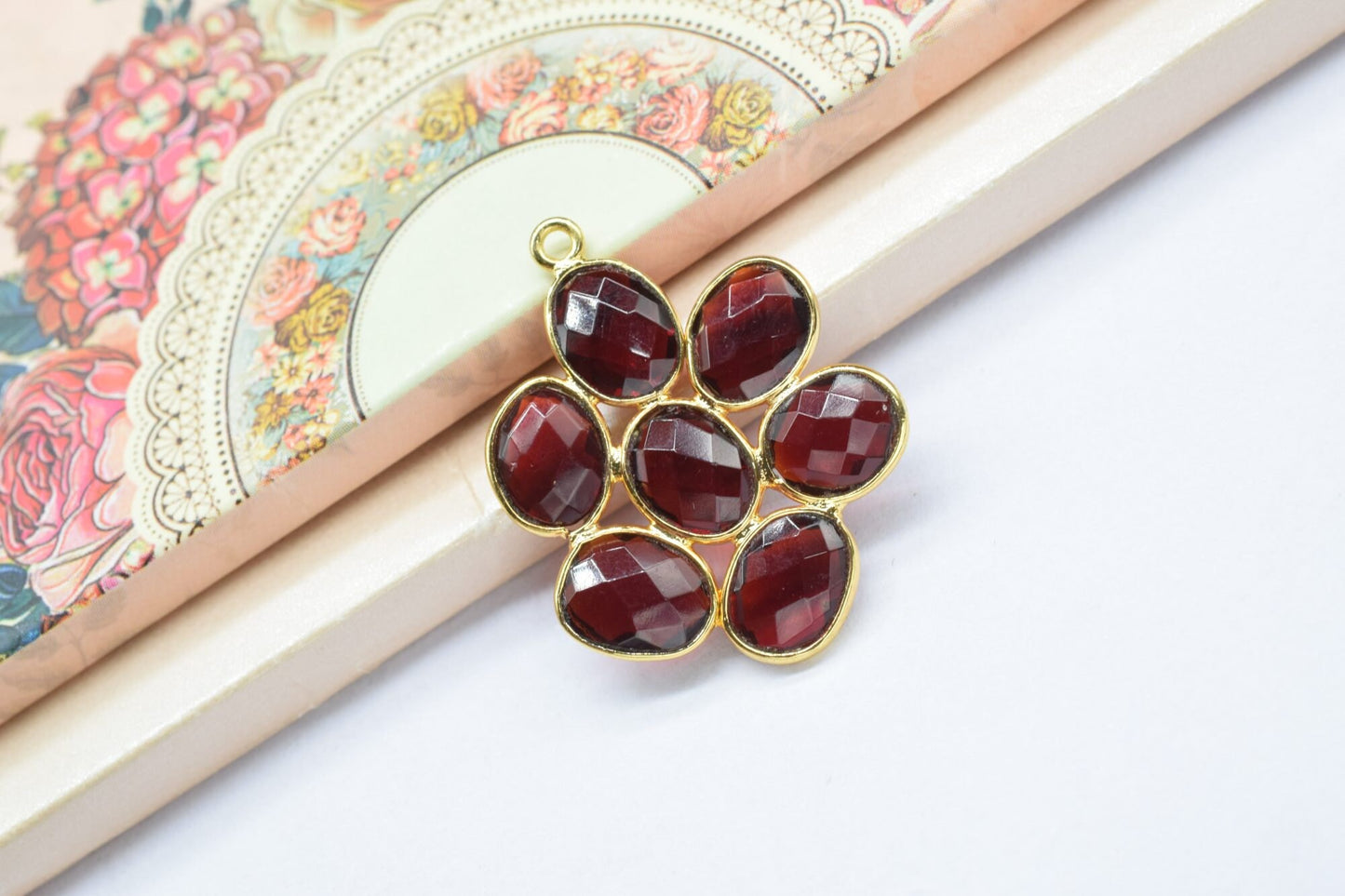 Garnet Flower Pendant,Gemstone single bail connector,Garnet Pendant jewelry making Craft,Handmade Jewelry,Chandelier Earring Connector,Gift
