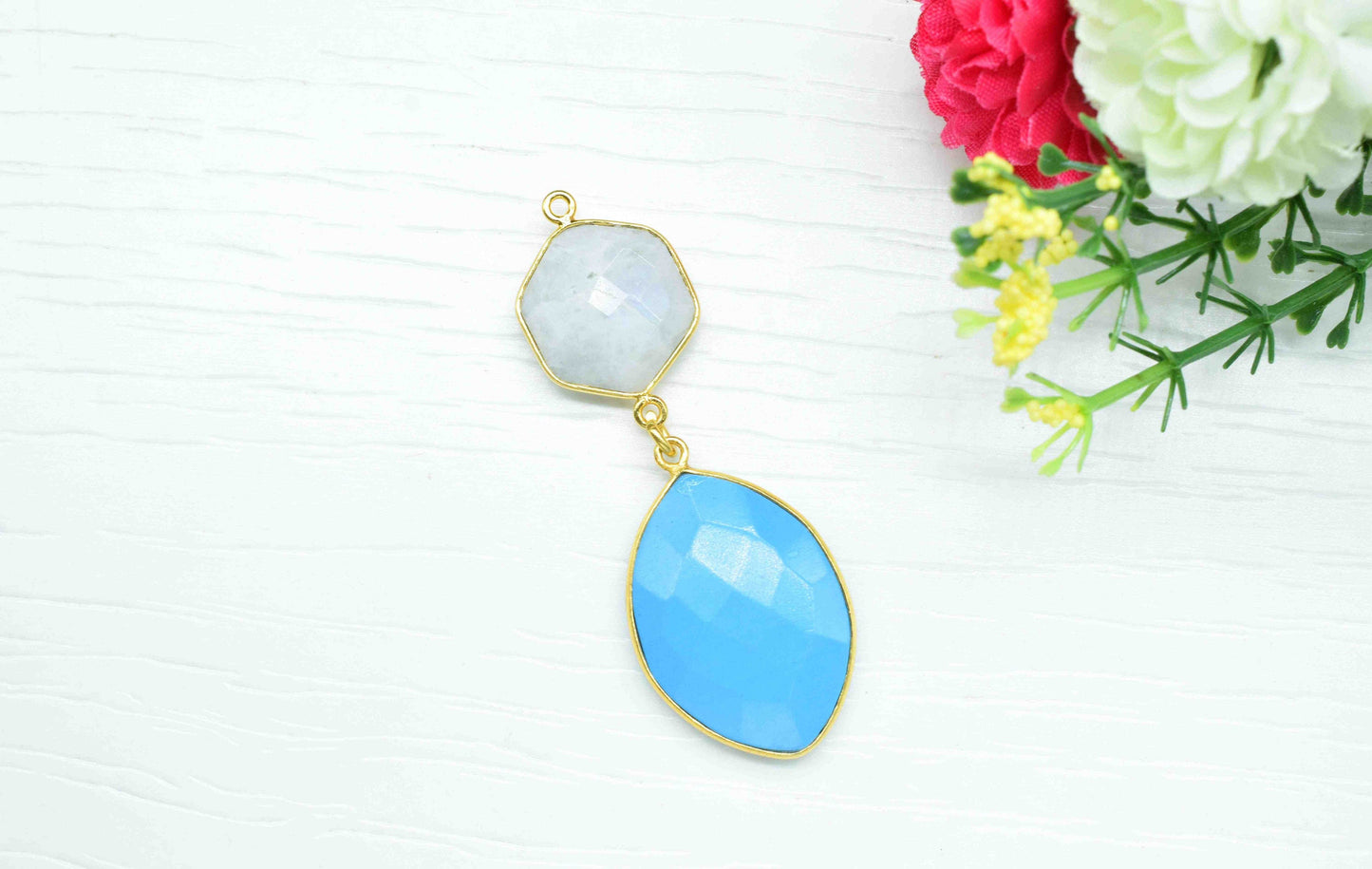 Moonstone + Turquoise  Component Pendants ,Multi Stone Dangle Earrings , Earring Component Jewelry ,Dangle pendant Charms, B'day Gift