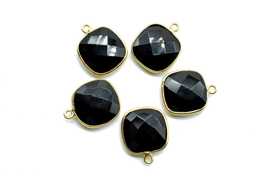 Black Onyx 14mm Cushion Bezel charm,Black Onyx Bezel Findings Cushion Charms,Black Onyx Cushion Shape Connector,Single Bail Loop Gold Plated