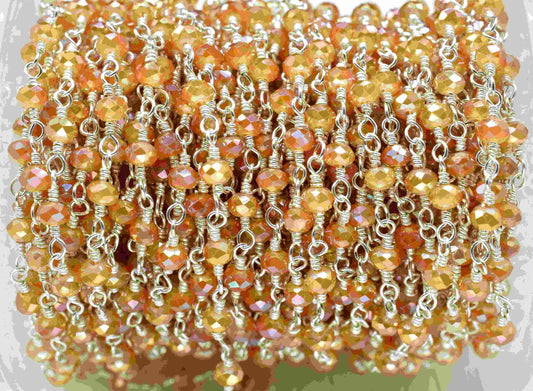 Peach Moonstone Quartz Beads Chain,Wire Wrapped Rosary Chain,Moonstone Coated Bead chain,Handmade Rosary Jewelry Making,Beaded Rosary Chain