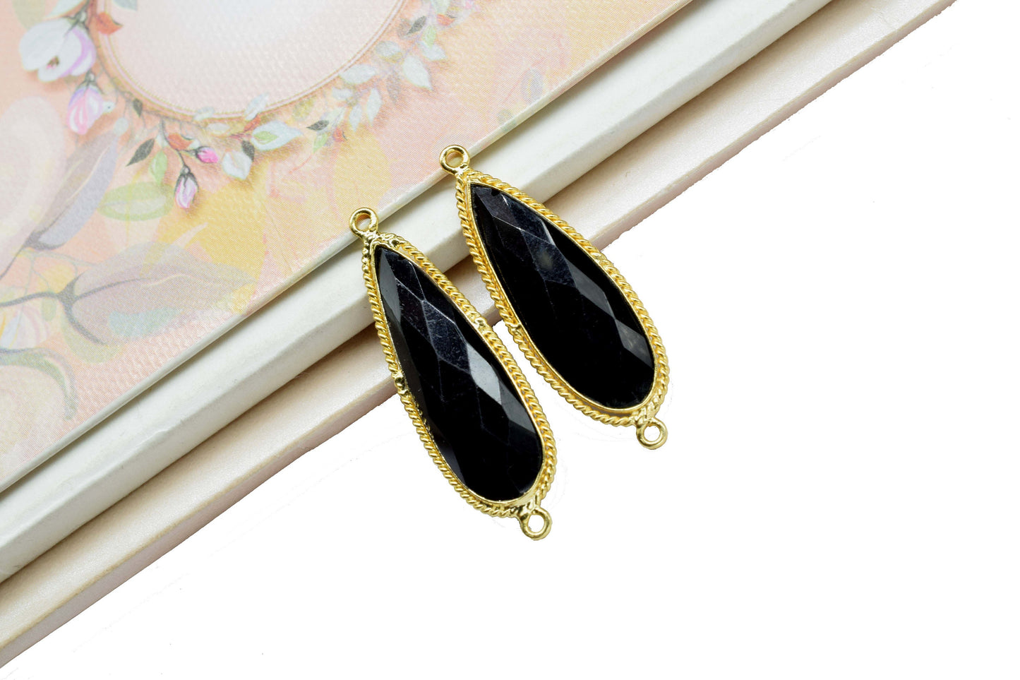 Black Onyx Connector 10x30mm Teardrop Shape Charm,Onyx Dainty Charms Pendant,Onyx Double Bail Pendant,Black onyx Faceted Gemstone Charm