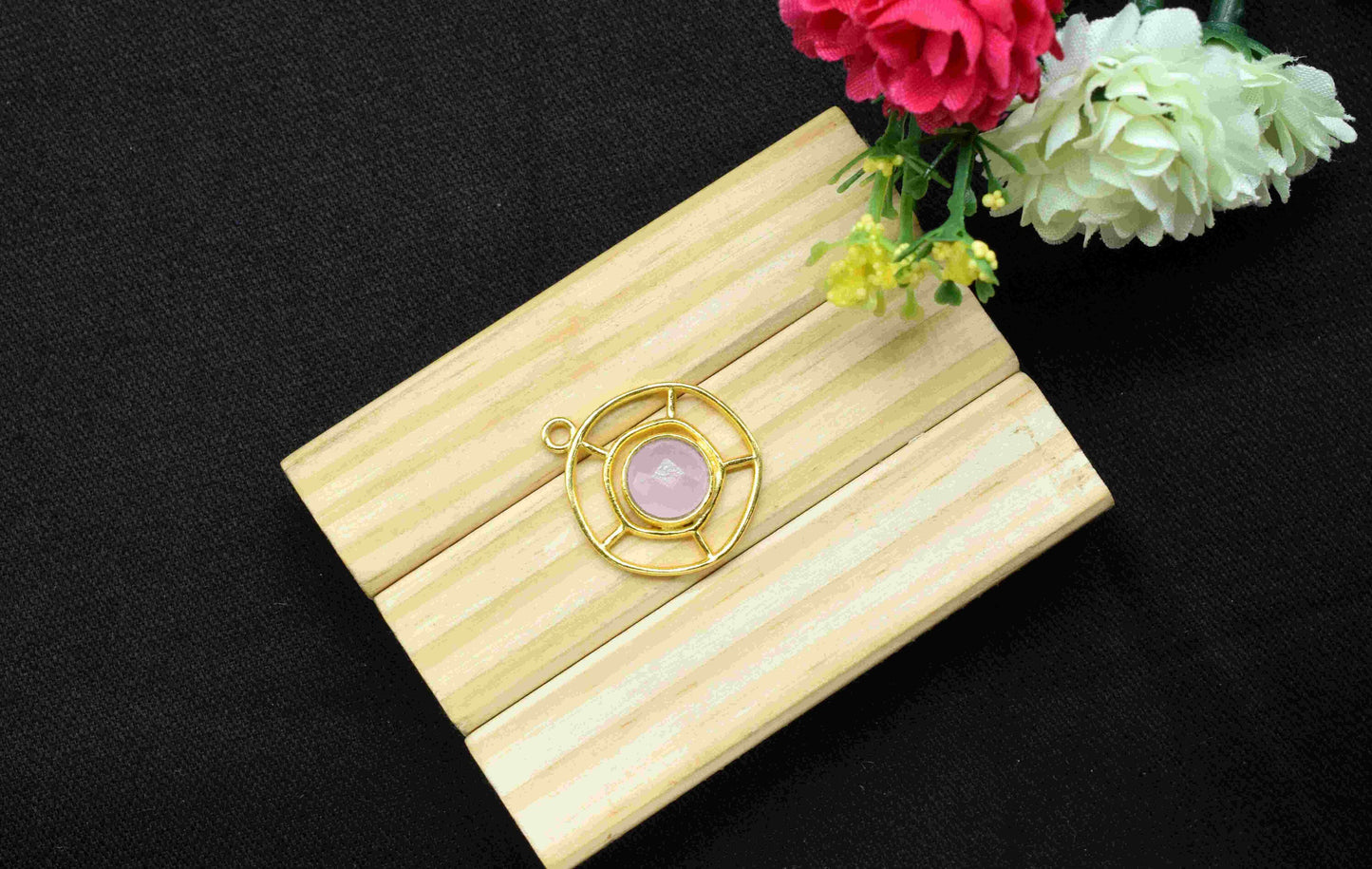 Rose Quartz Gemstone Component, Single Bail Charm , Rose Quartz  Connector Pendant , Gold Plated Connectors , Earring Component , B'day Gift