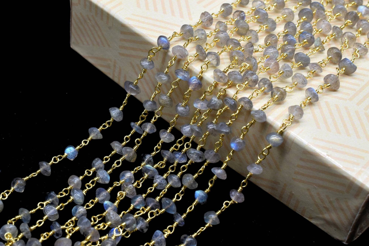 Labradorite 4mm Smooth rondelle Beaded Chain,Labradorite Gold Rosary Chain,Gemstone Chains By the Foot for Rosary Necklace,Rosary Roll Bulk4