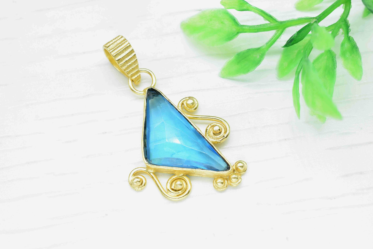 Blue Topaz 12x25mm Triangle shape Pendant, Topaz Pendant Jewelry, Triangle Shape Pendant, Gemstone Topaz Pendant Jewelry,Gold Plated Pendant