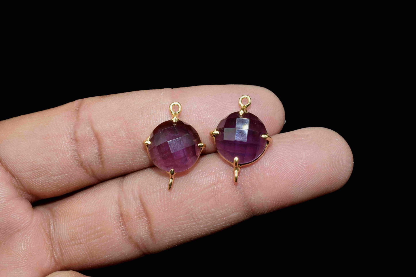 Amethyst Gemstone 12mm Round Shape Connector,Amethyst Gold Plating Component Jewelry,Amethyst Double Loop Gemstone Connector Jewelry Making