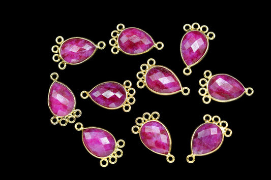 Natural Ruby 10x14mm Teardrop Bezel Charm/Charms Connector/Handmade Jewellery Connectors/Gemstone Brass Component/Women Jewelry/B'day Gift