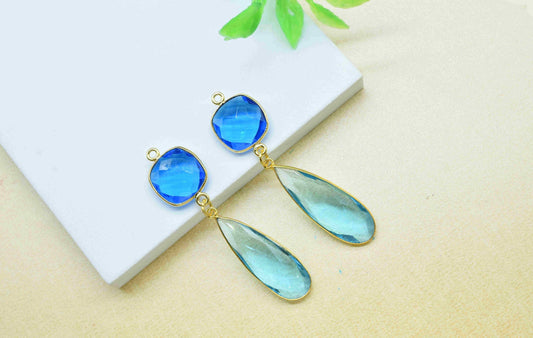 Multi Gemstone Dangle pendant Charms,Blue Topaz pendant Connectors,Dual Stone Dangle Earring,Handmade pendant,Station Link,Component jewelry