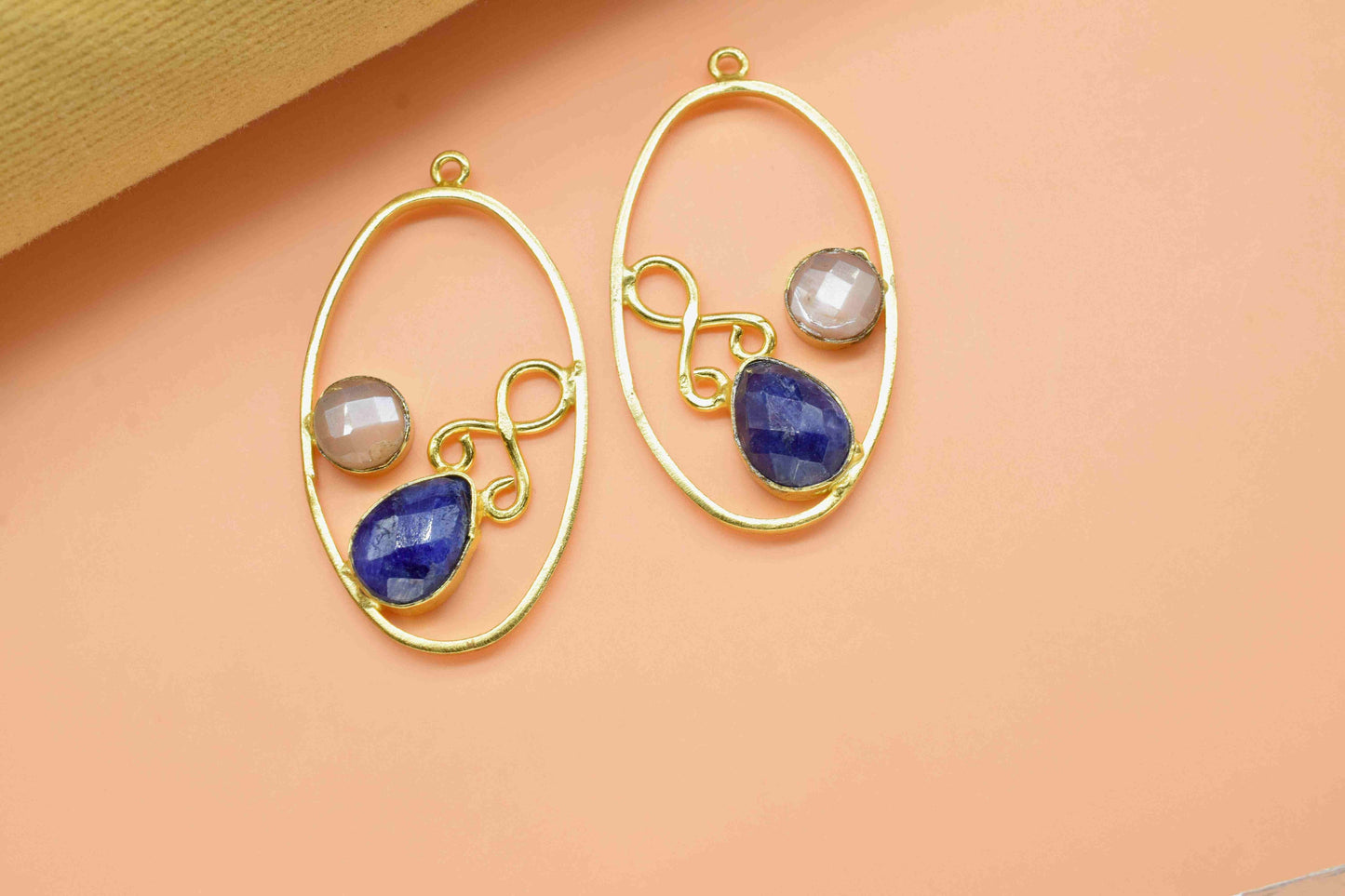 Multi Gemstone Finding Pendant, Peach Moonstone Round Connector, Sapphire 7x10mm Teardrop Shape Component,Finding Necklace Component Jewelry