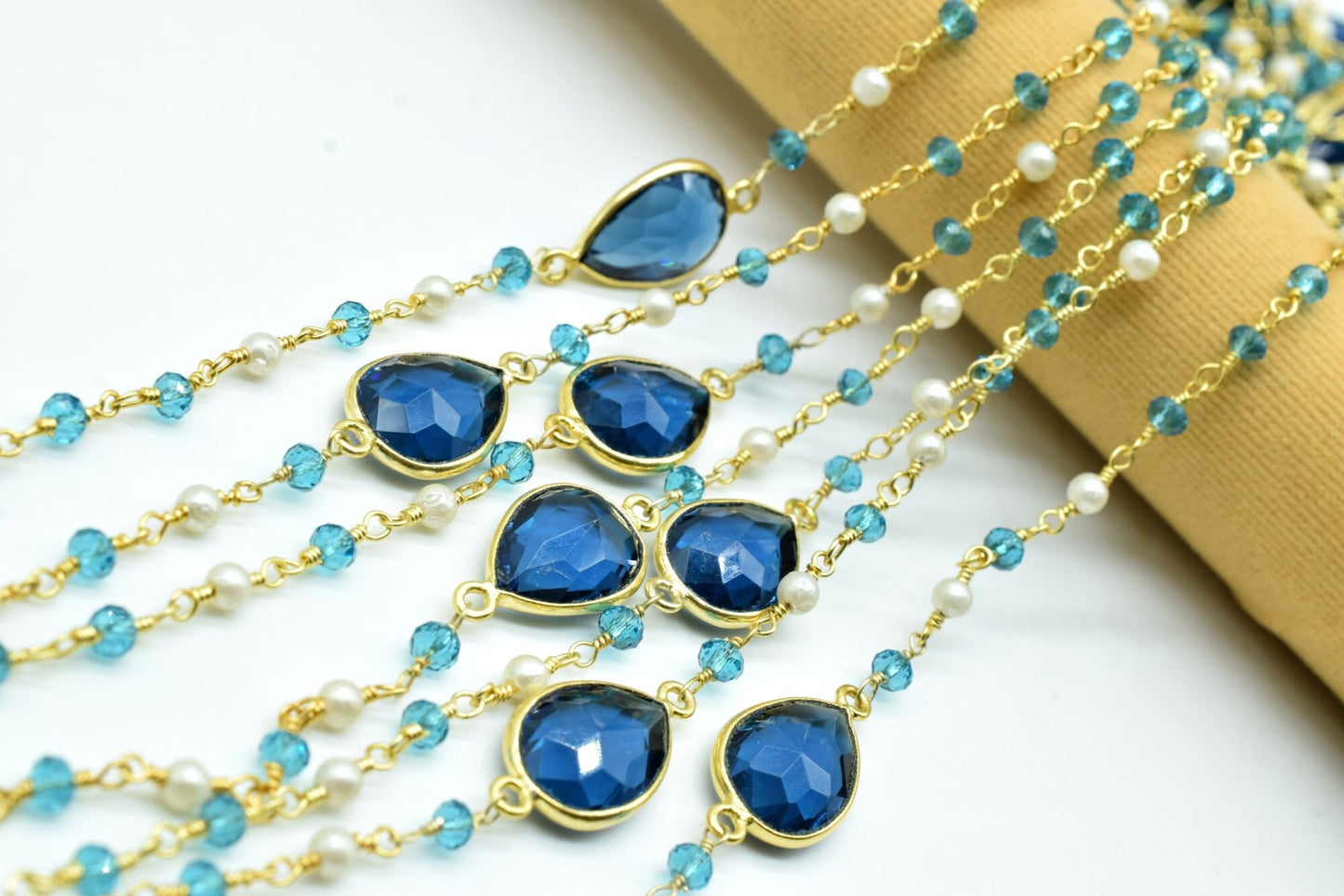 3mm Apatite Rosary,London Blue Topaz Bezel Link Chain,Pearl Beaded Rosary,Dual Gemstone Rosary Chain,Gold Plated Bezel Chain,Beaded Chain