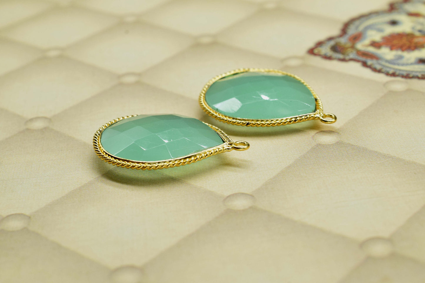 Aqua Chalcedony Faceted Bezels Charms,Aqua chalcedony Single Bail Charms Jewelry,Aqua Chalcedony 18x23mm Pear Shape Gold Plating Bezel,Gift