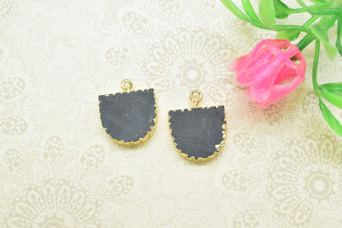 Black Onyx Semi Circle Pendant,Handmade Half Moon Earring,Necklace Connectors,D Shape Jewelry,Single Bail,Gemstone Electroplated Charms,Gift